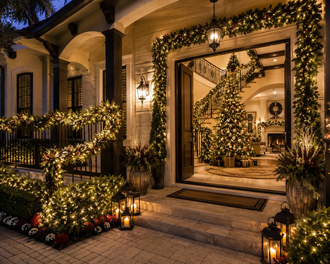 A fully decorated Christmas home with lit porch, garland and interior trees