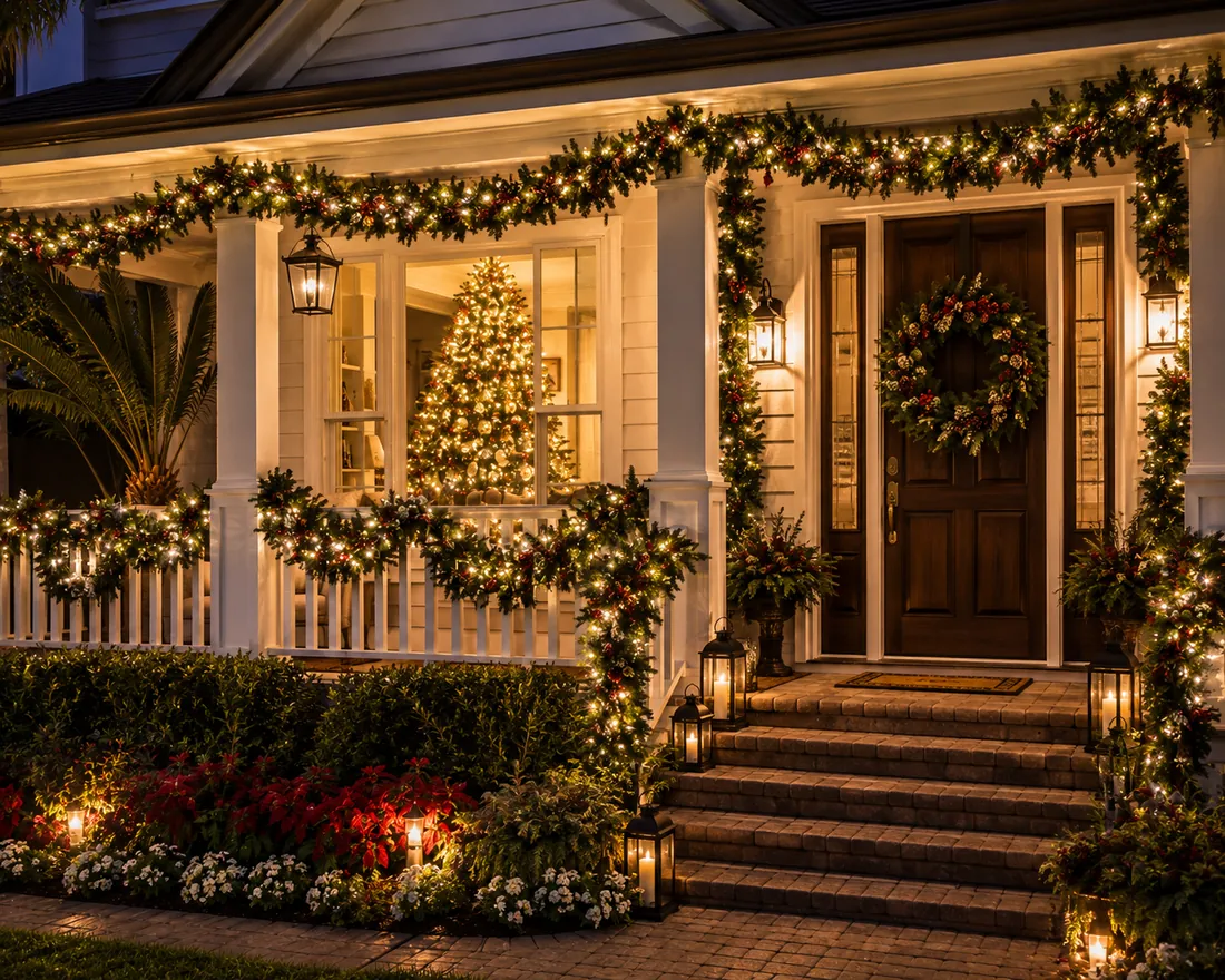 A lit Christmas front porch with a decorated interior tree
