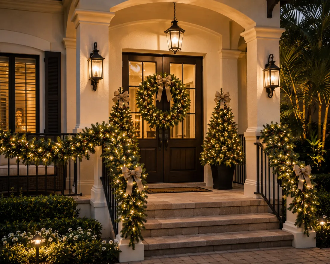 A Christmas front porch with lit garland, wreath and flanking trees
