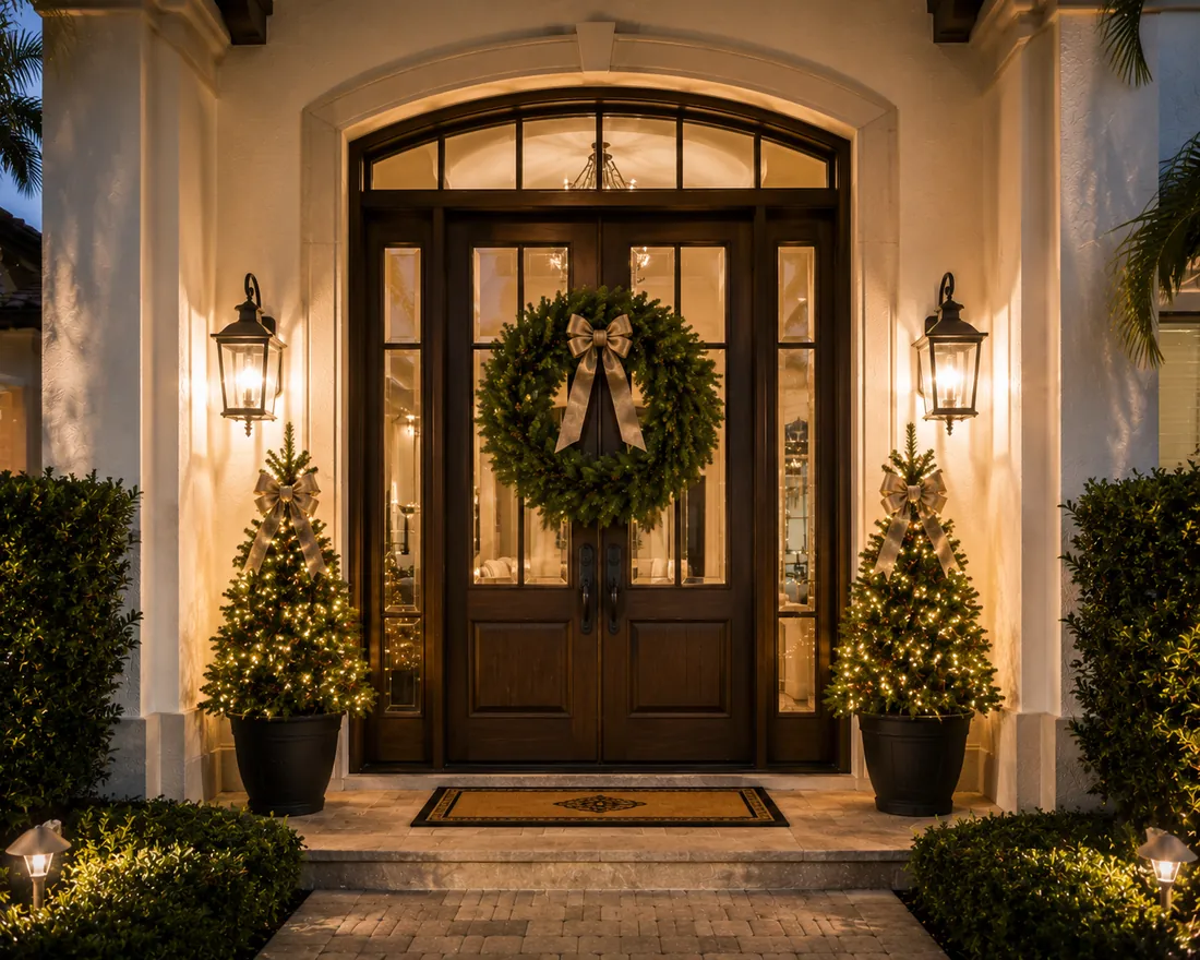 A decorated Christmas doorway with a lit wreath and garland