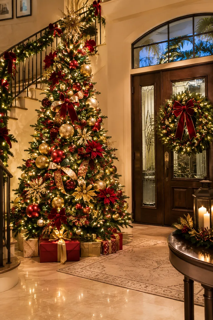 Decorated Christmas trees in warm white lights