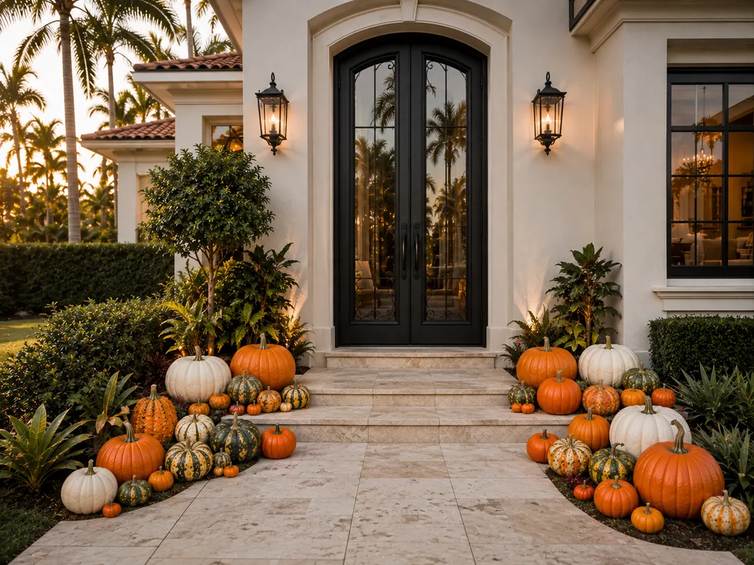 A neutral toned fall display in white and cream pumpkins and pale gourds