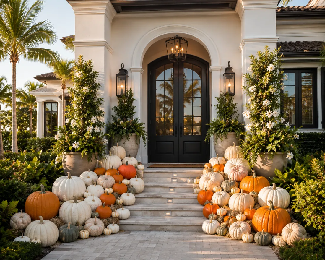 A large layered fall porch display with stacked pumpkins, cornstalks and mums