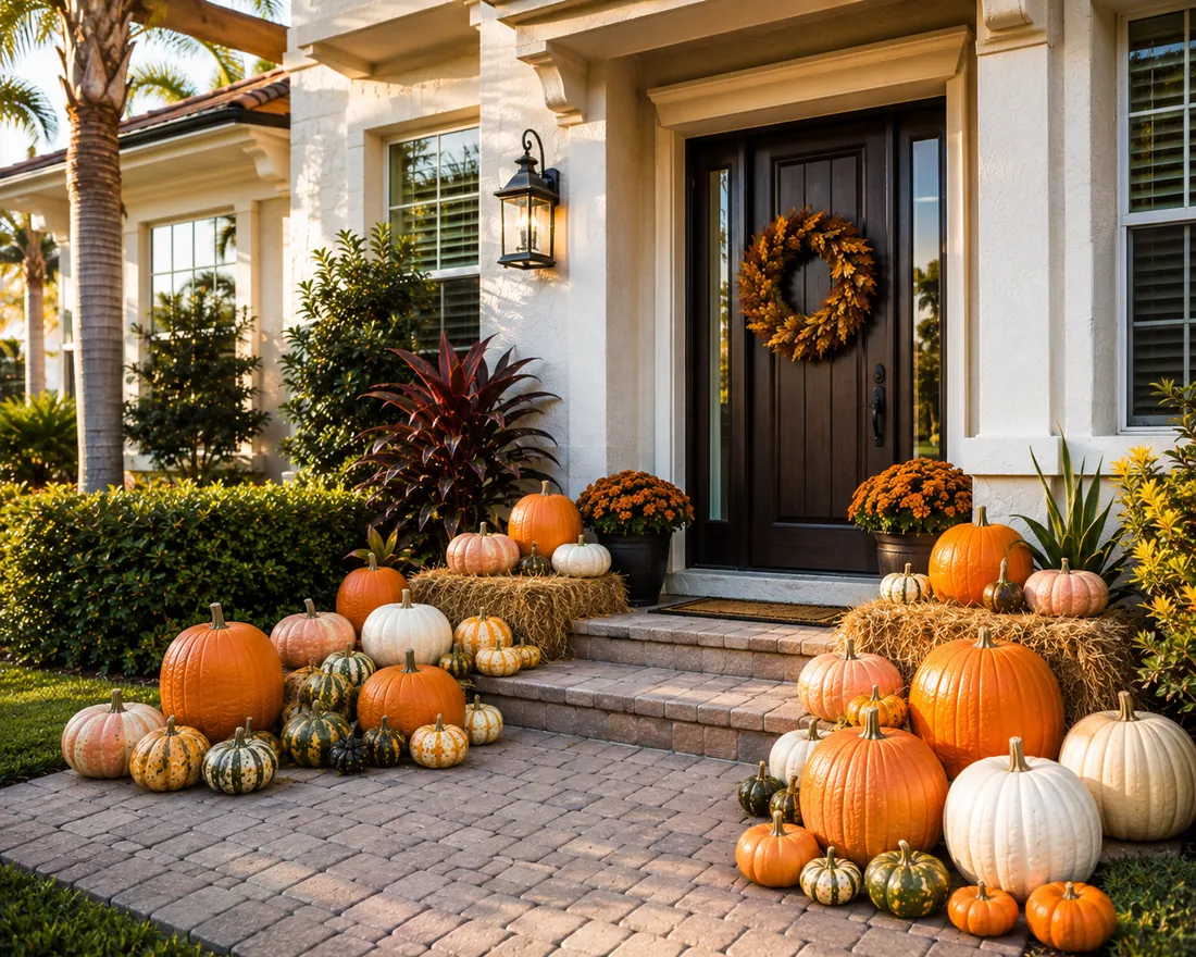A full front porch dressed with pumpkins, gourds and autumn mums