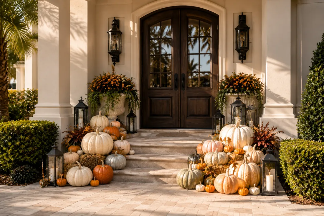 A mid sized fall porch display with pumpkins on the front steps