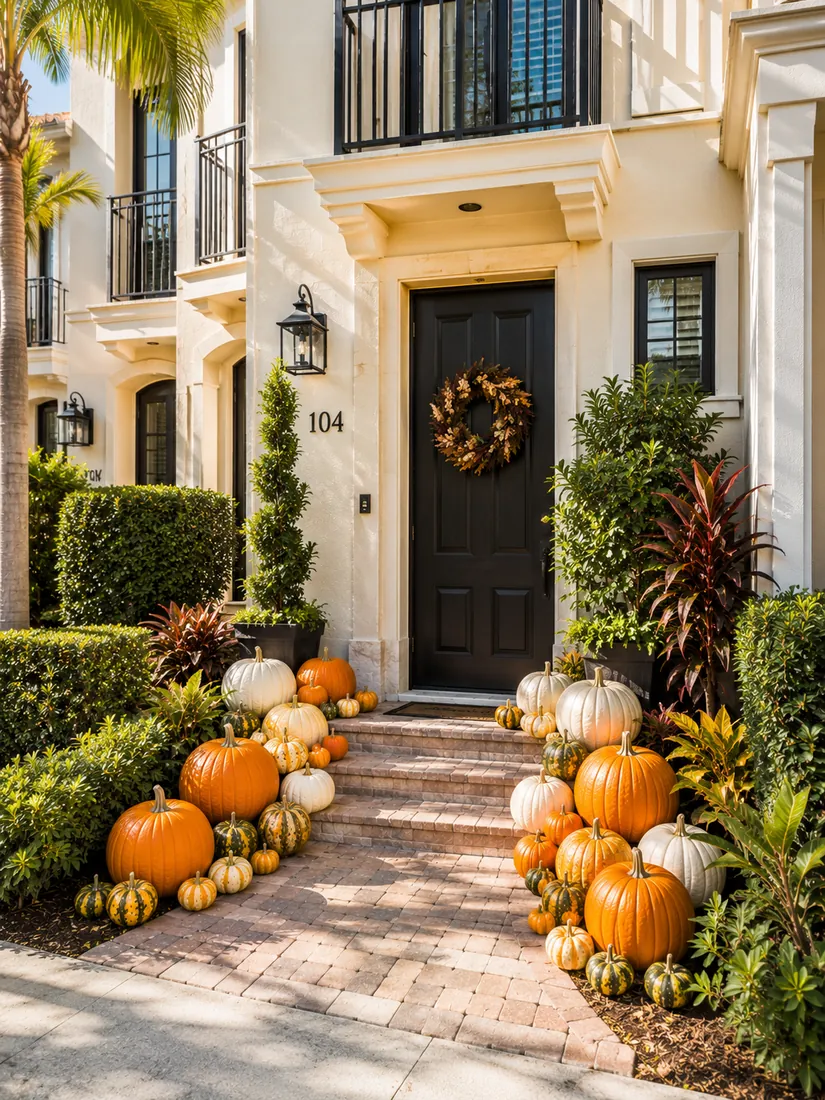 A compact fall doorway display with grouped pumpkins and a wreath