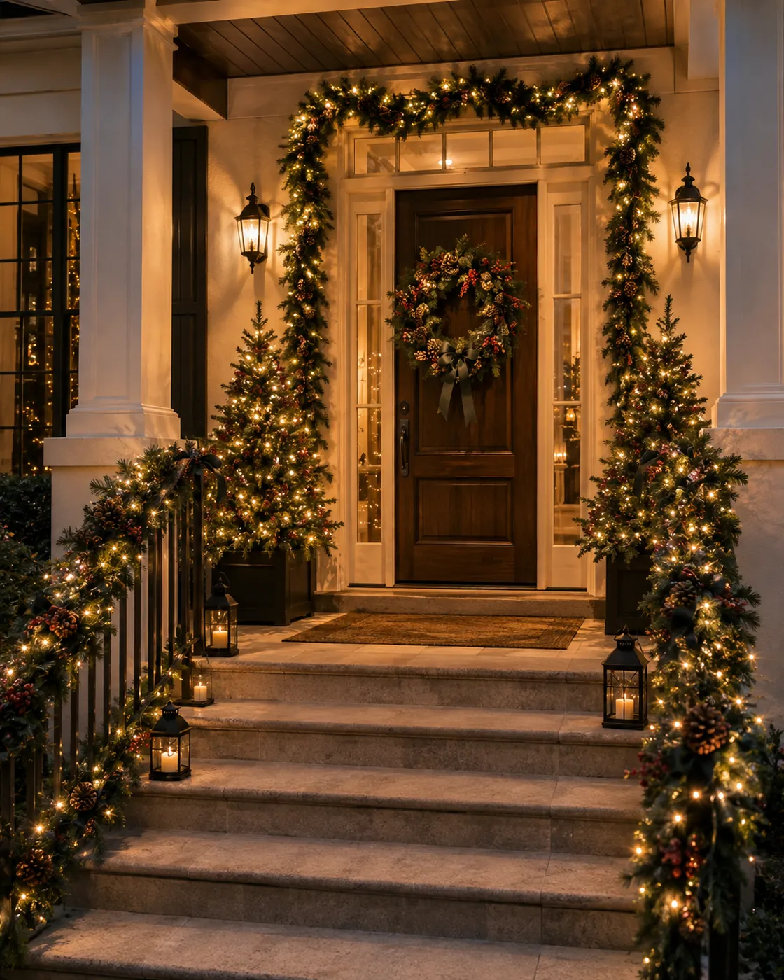 A Christmas front porch with lit garland, wreath and flanking trees