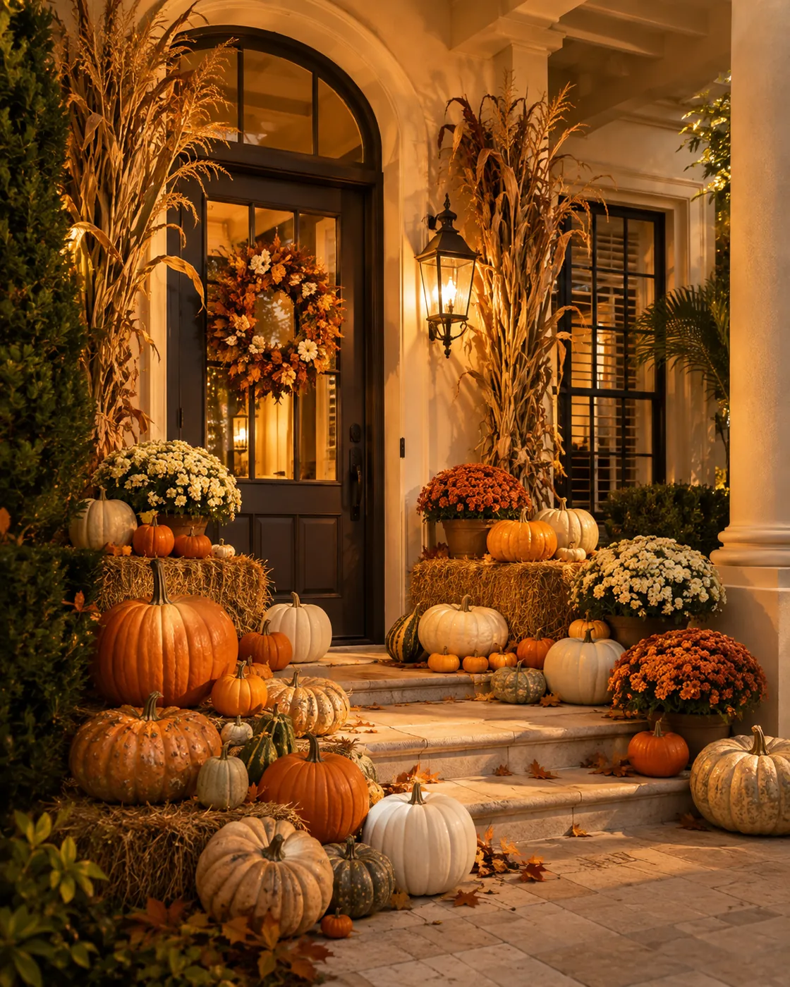 An autumn front porch layered with pumpkins, gourds, mums and a lit wreath at dusk