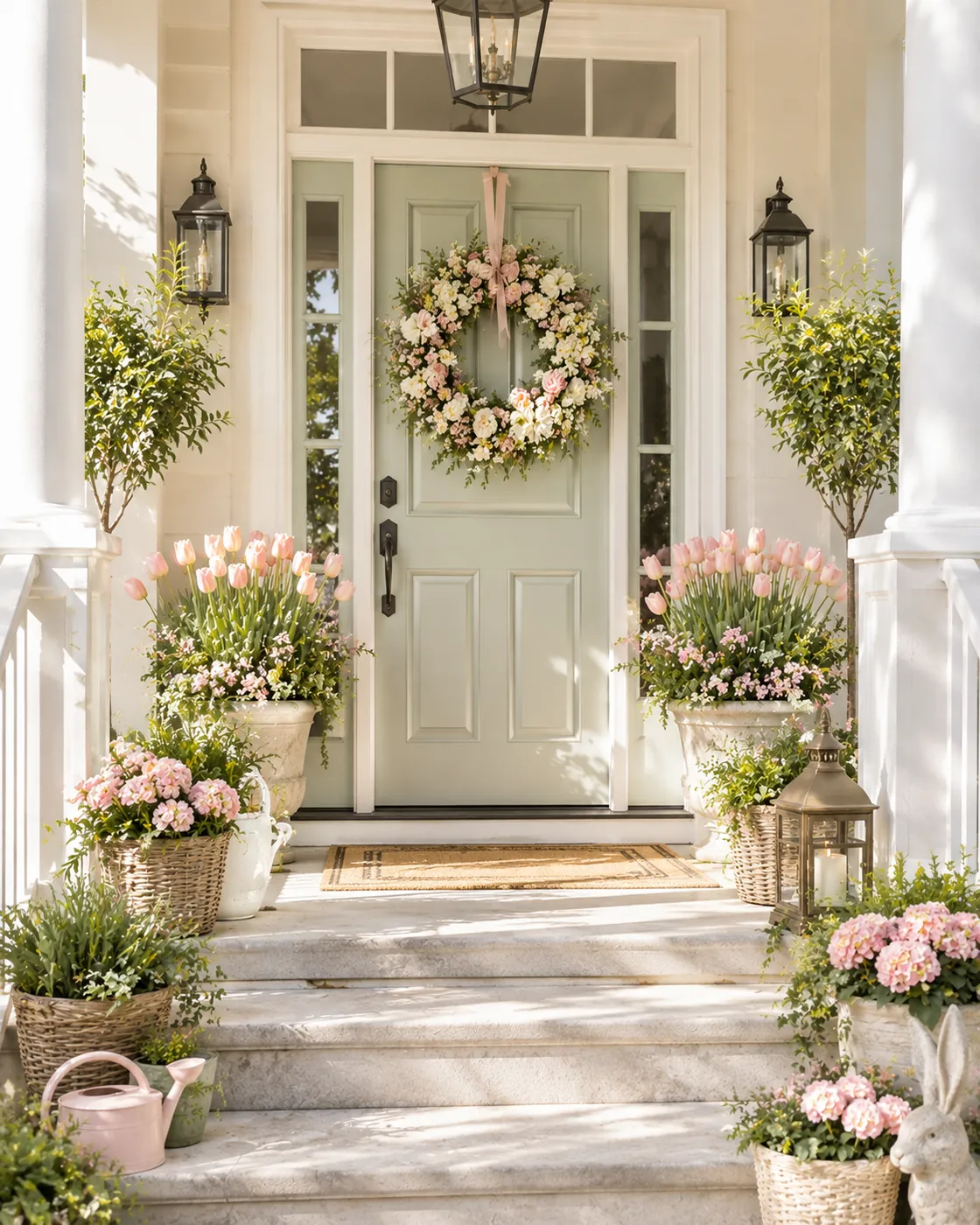A spring porch with pastel florals, a wreath and planted urns