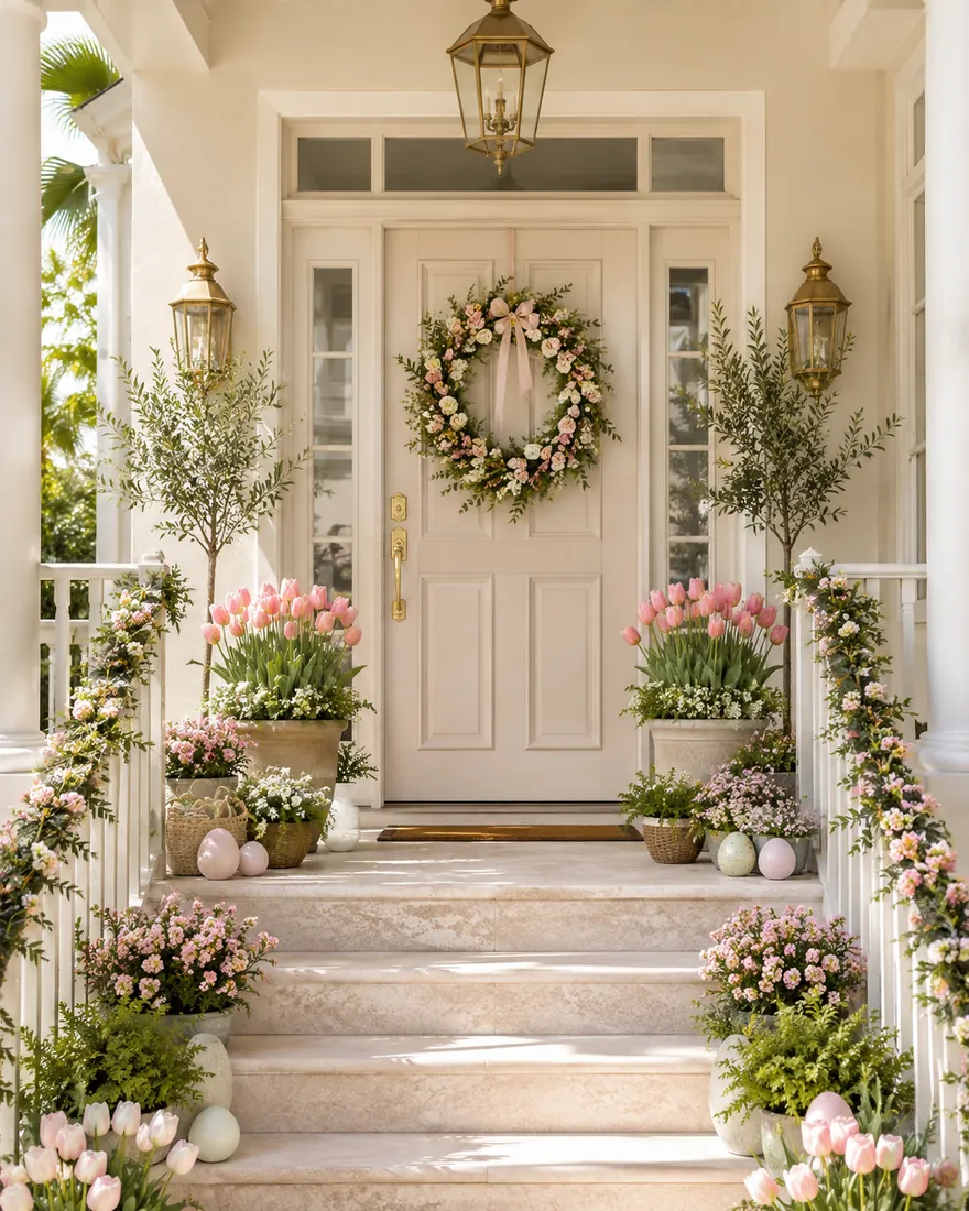 A spring porch display with pastel florals, wreath and planted urns